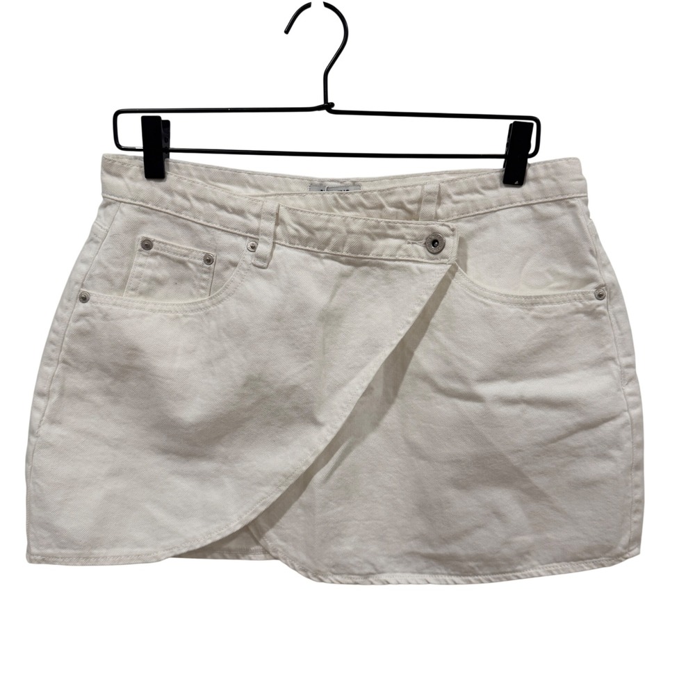 Beginning Boutique Alcmene White Denim Asymmetrical Wrap Mini Skirt